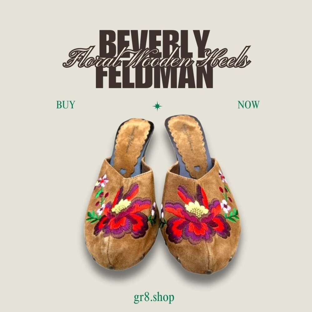 Beverly Feldman Floral Wooden Heels Womens Embroidered Suede Mules Size 7